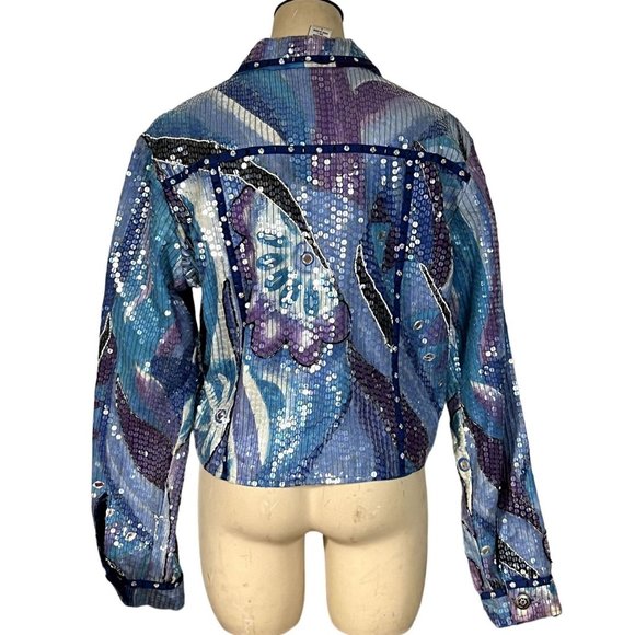 Sandy Starkman blue multicolor sequeined button-front jacket size Large - Picture 4 of 9